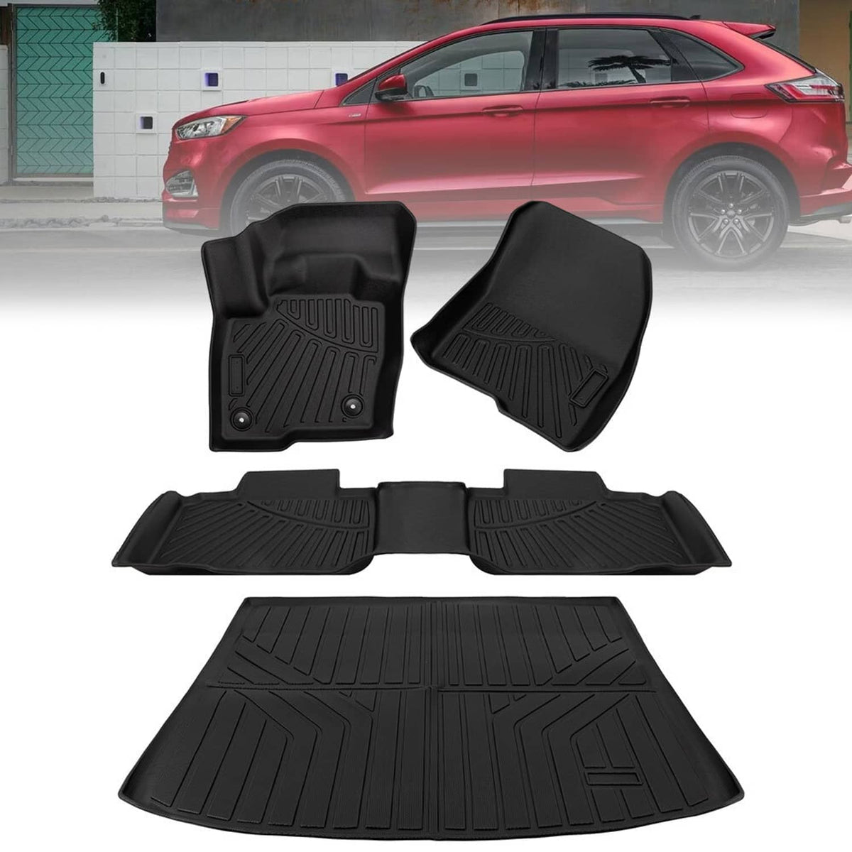 Black rubber floor mats and cargo trunk liner set for vehicle interior protection