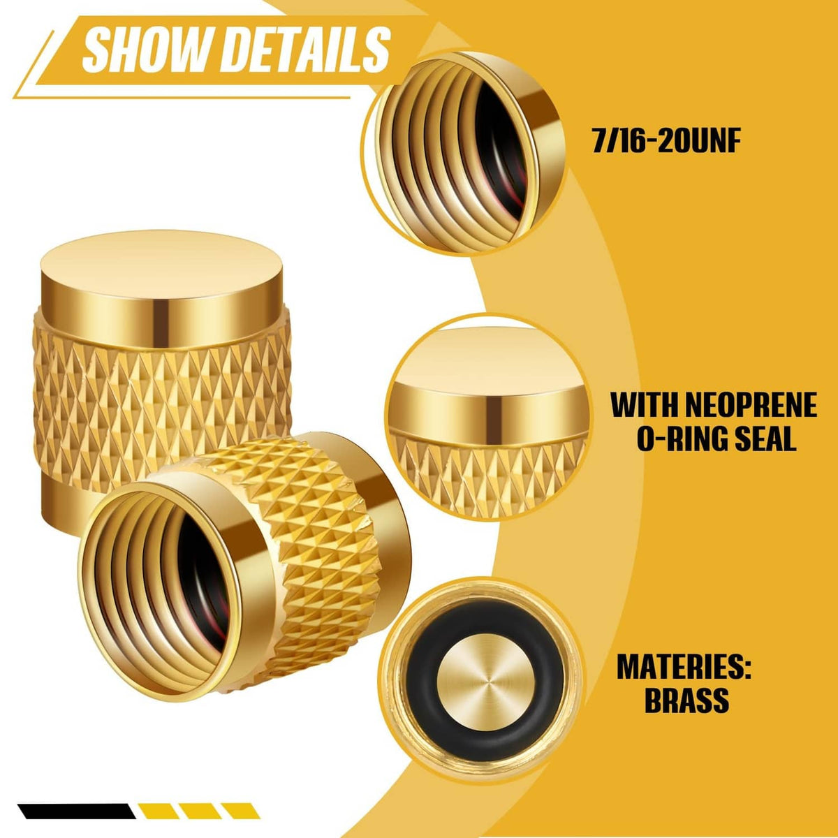 Gold brass valve cap with textured grip, showing inner threads and neoprene o-ring seal