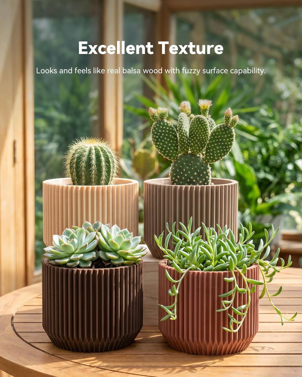 Wood-fiber PLA planters with succulents and cactus plants in tan and brown