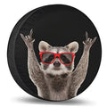 Black spare tire cover with raccoon face in red glasses
