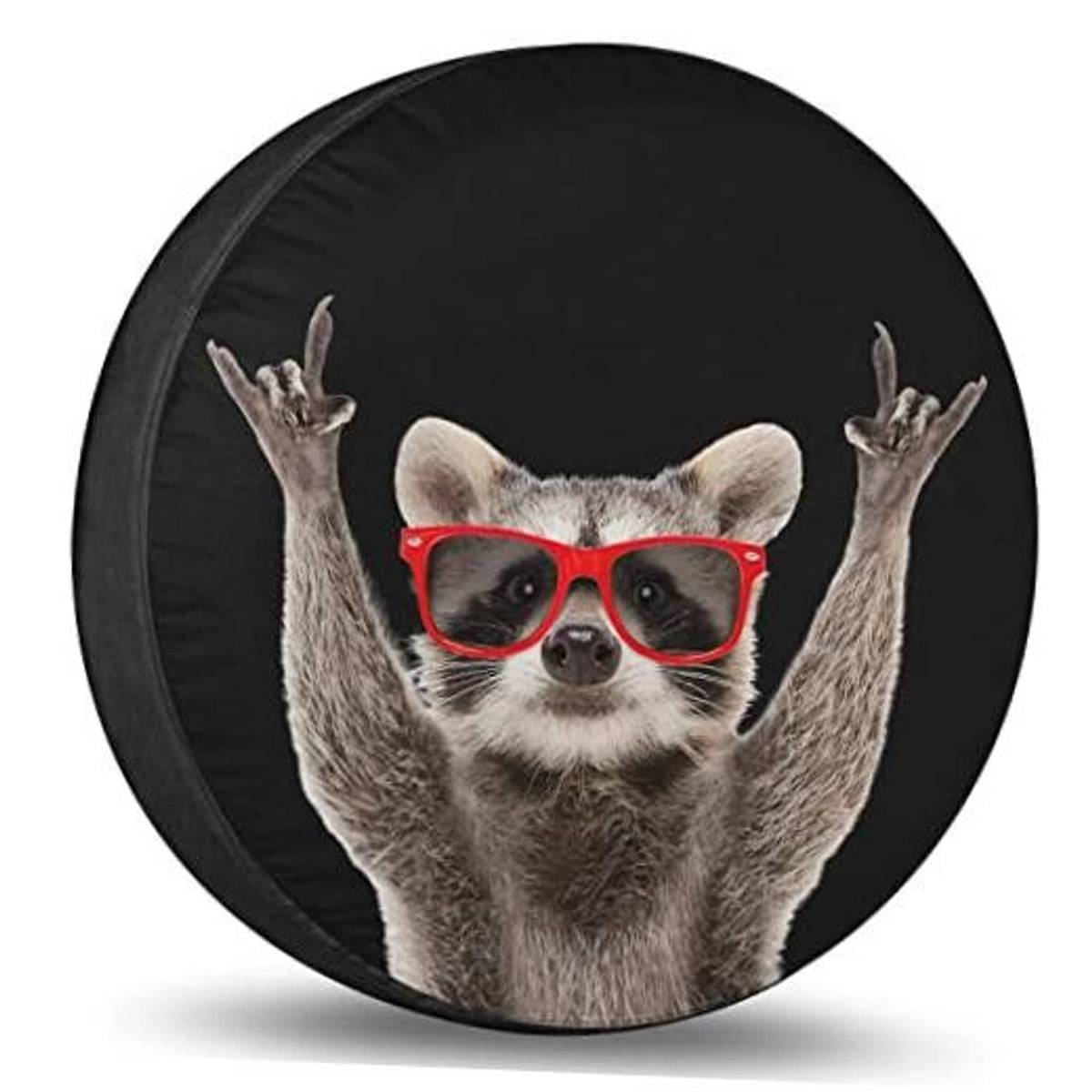 Black spare tire cover with raccoon face in red glasses