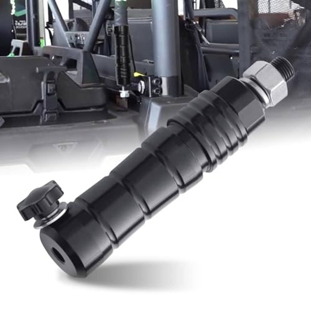Black flag pole holder mount with knurled grip collar and threaded stud, close-up.