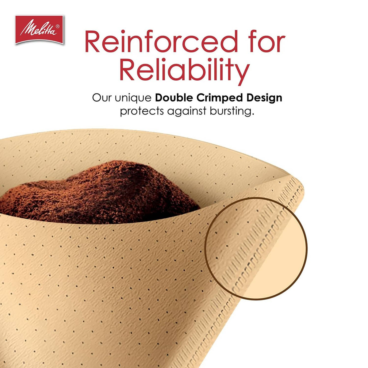 Beige cone coffee filter with reinforced double crimp rim detail