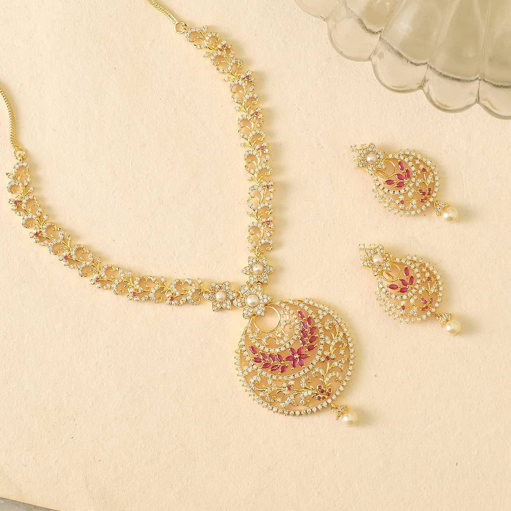 Gold-plated brass short necklace set with CZ pendant and matching drop earrings