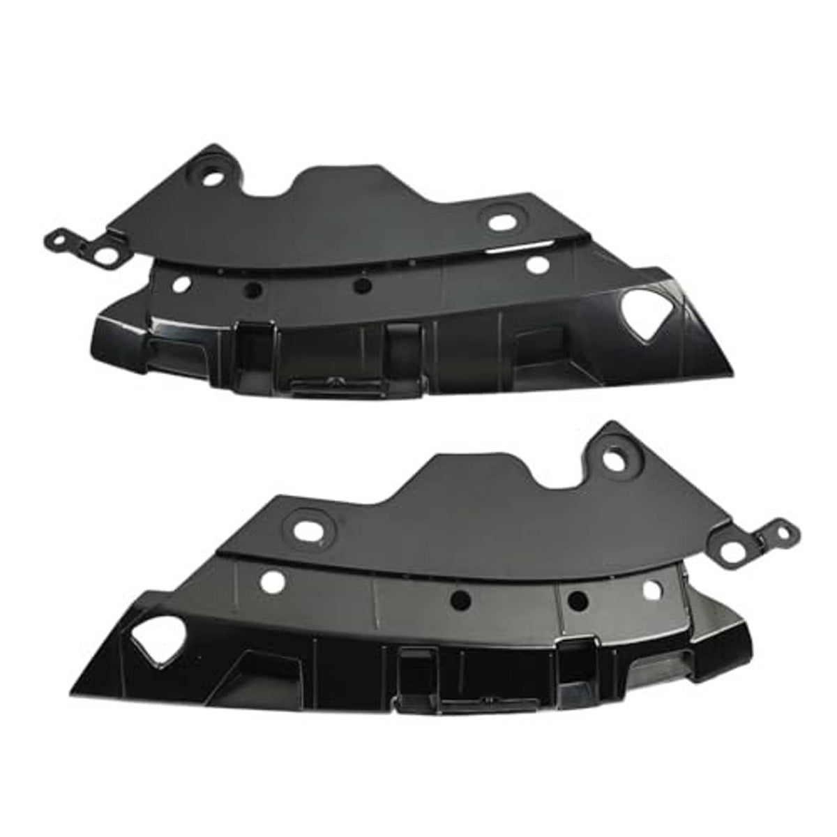 Front bumper grille retainer bracket pair in black, two-piece plastic with hook tabs