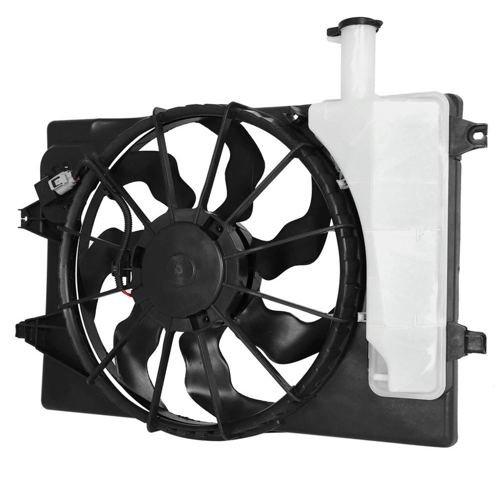 Radiator cooling fan assembly, angled view with black blades and white coolant tank