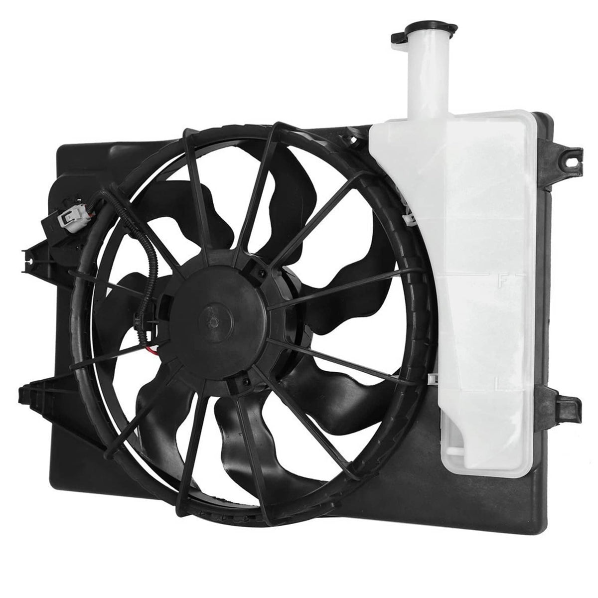 Radiator cooling fan assembly, angled view with black blades and white coolant tank