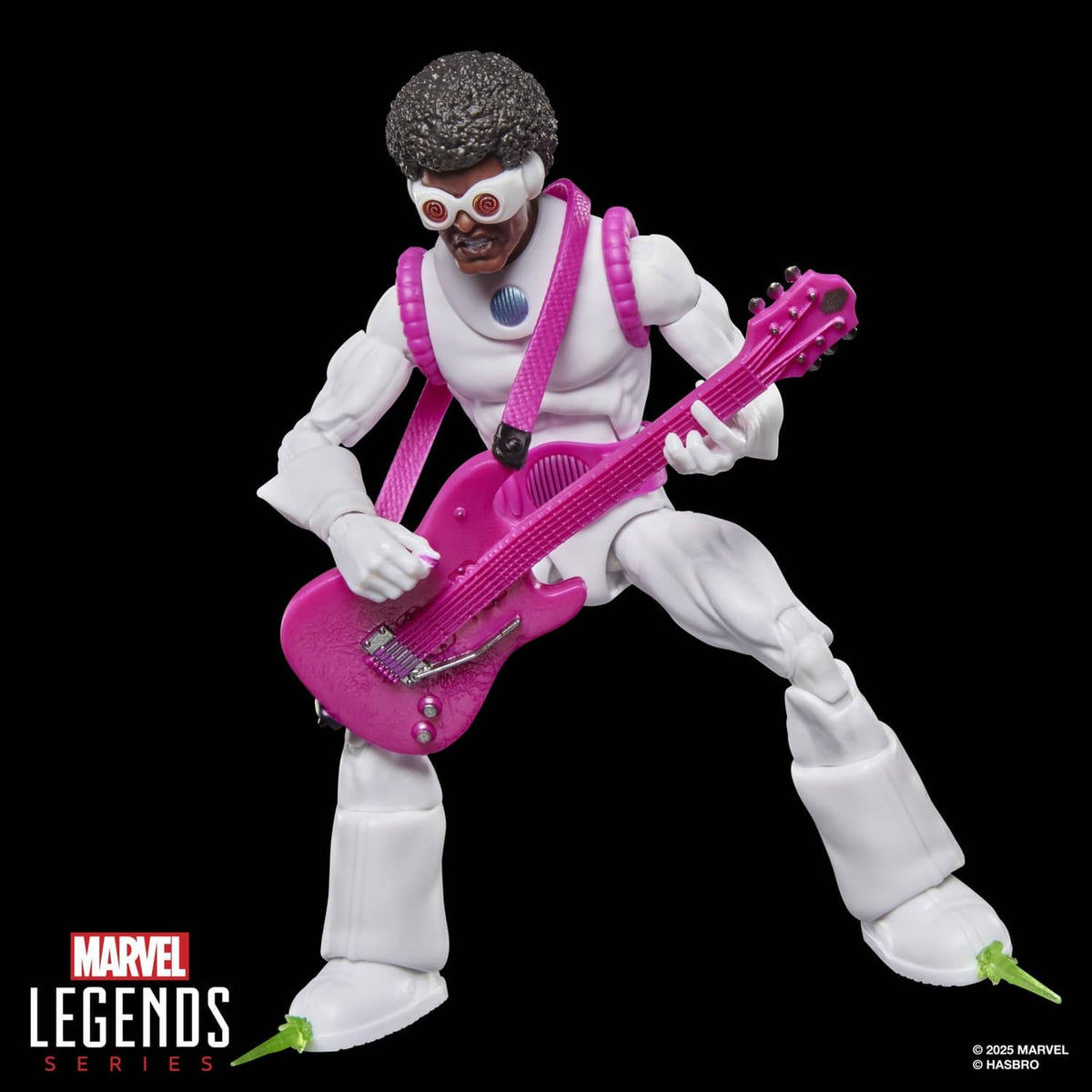 White-suited action figure with pink straps and purple guitar, crouched pose