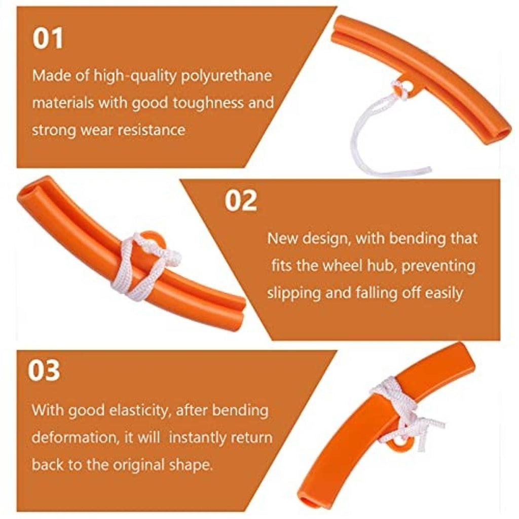 Orange flexible rim edge guard protectors with white tie cords, curved profile