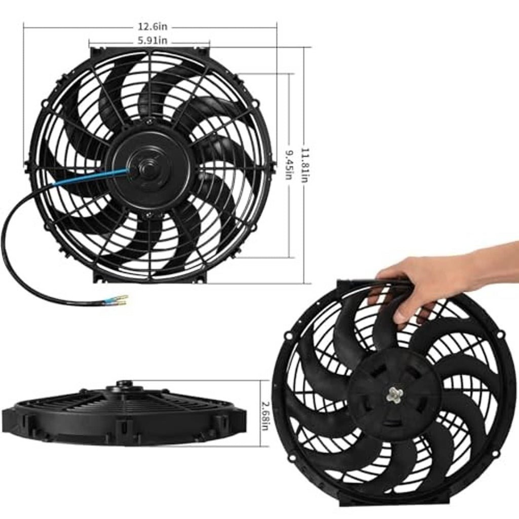 10-inch electric cooling fan with blade grille, size diagram, and mounting base