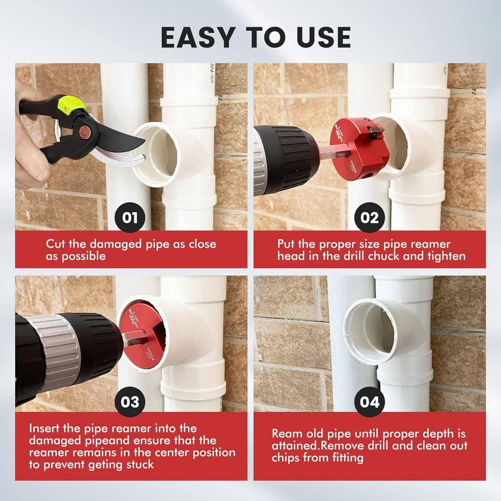 Pipe reamer kit showing reaming step on PVC pipe with drill attachment