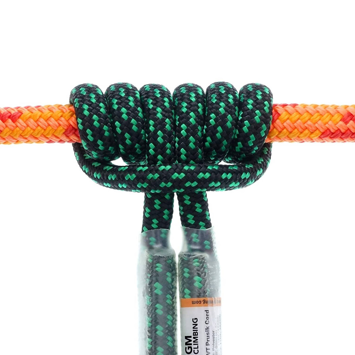 Green prusik loop braid end with protective sleeve and looped strands