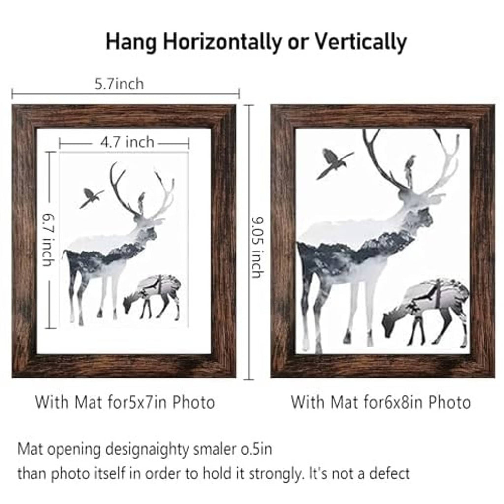 Rustic brown wood picture frame with white mat and hanging orientation for 5x7 photos