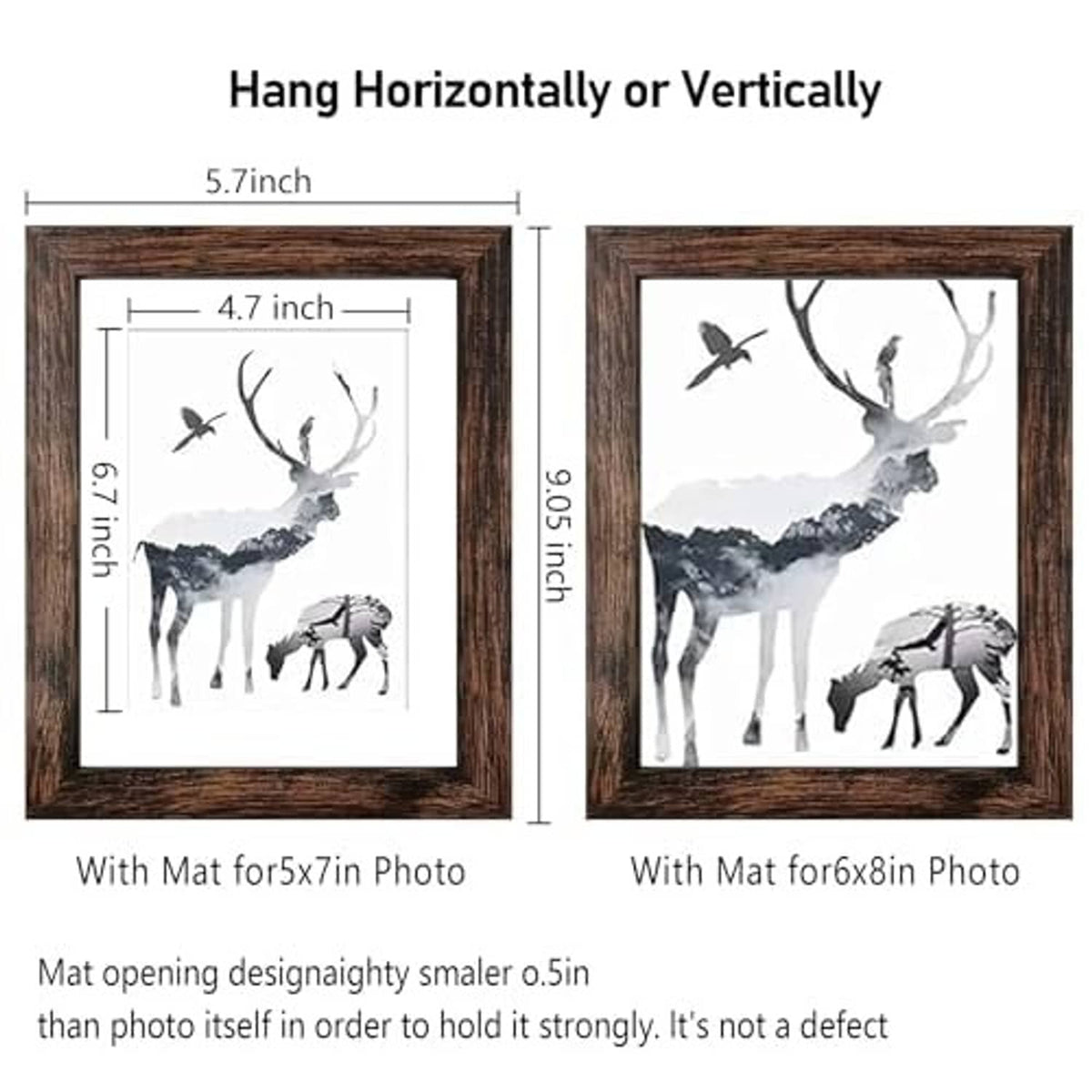 Rustic brown wood picture frame with white mat and hanging orientation for 5x7 photos