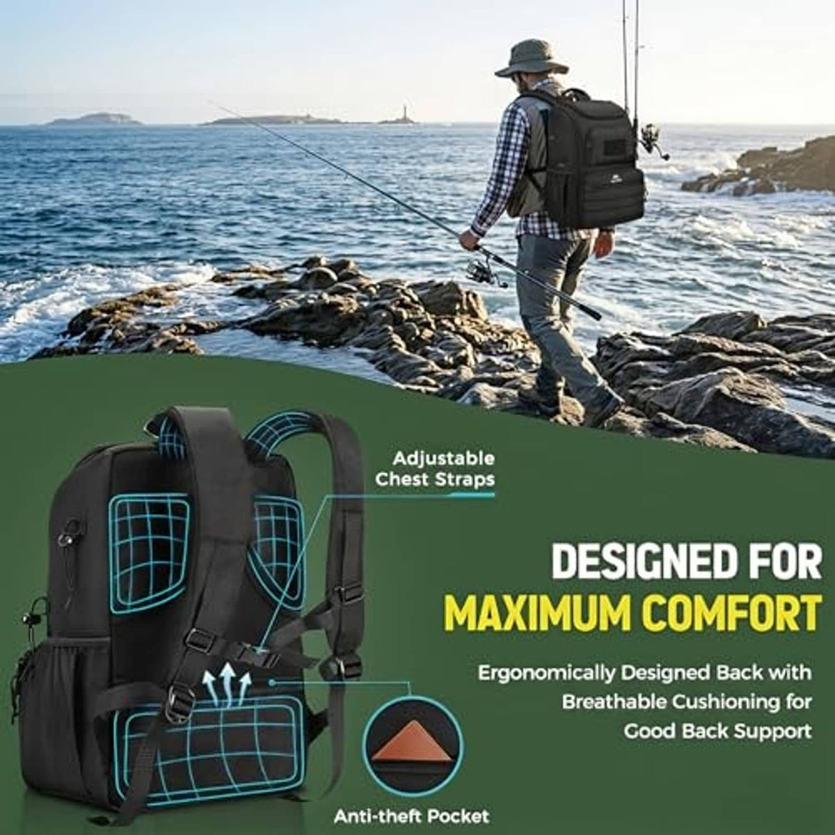 Black fishing backpack with padded back support and adjustable chest straps.