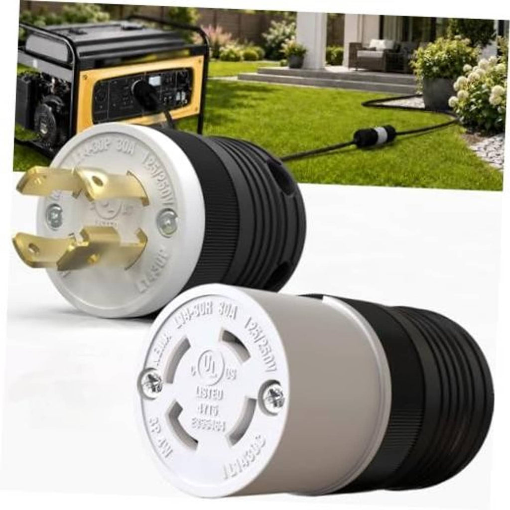 Twist-lock electrical plug and connector set, white face, gold prongs, black ribbed body