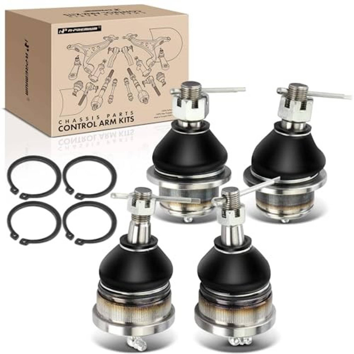 Ball joint kit with four assemblies, threaded studs, and black rubber boots