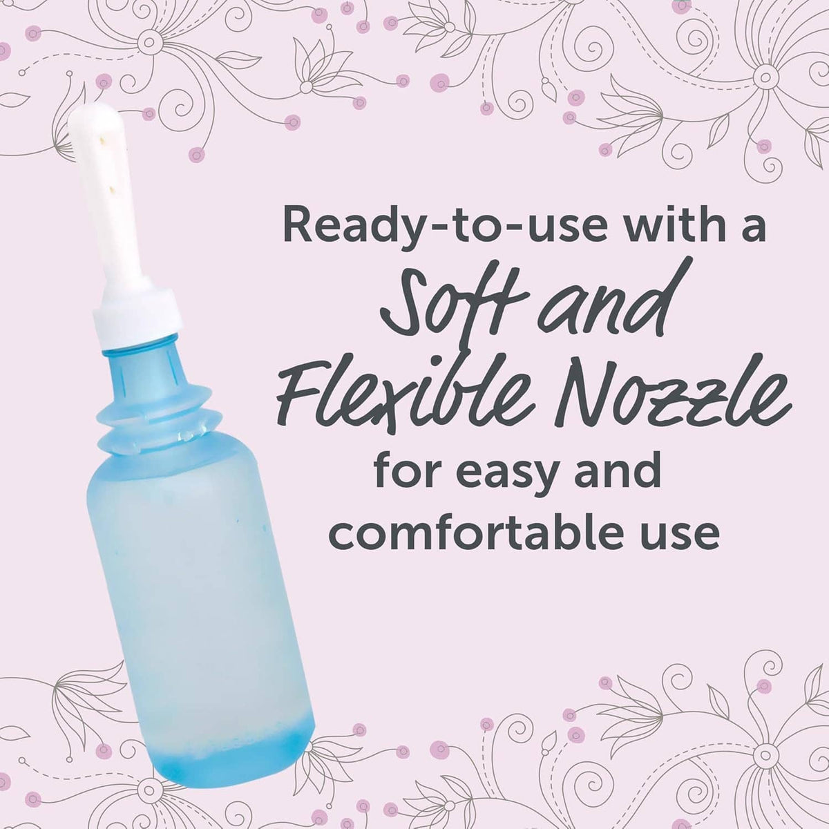 Ready-to-use douche with soft, flexible nozzle and blue bottle graphic