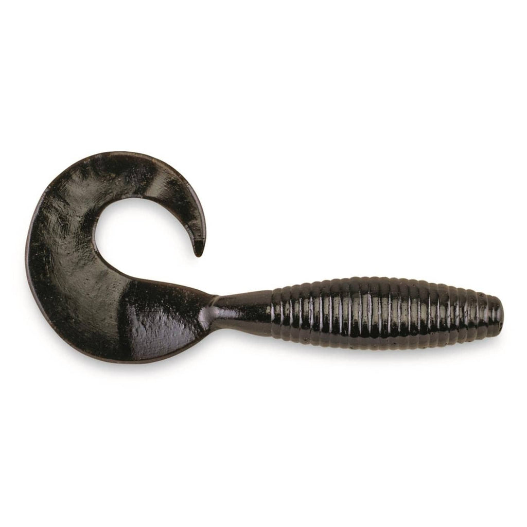 Dark gray-black soft plastic fishing grub bait with ribbed body and curled tail
