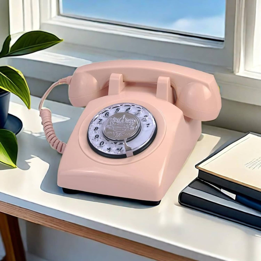 Pink corded rotary dial landline phone on a table with handset in cradle