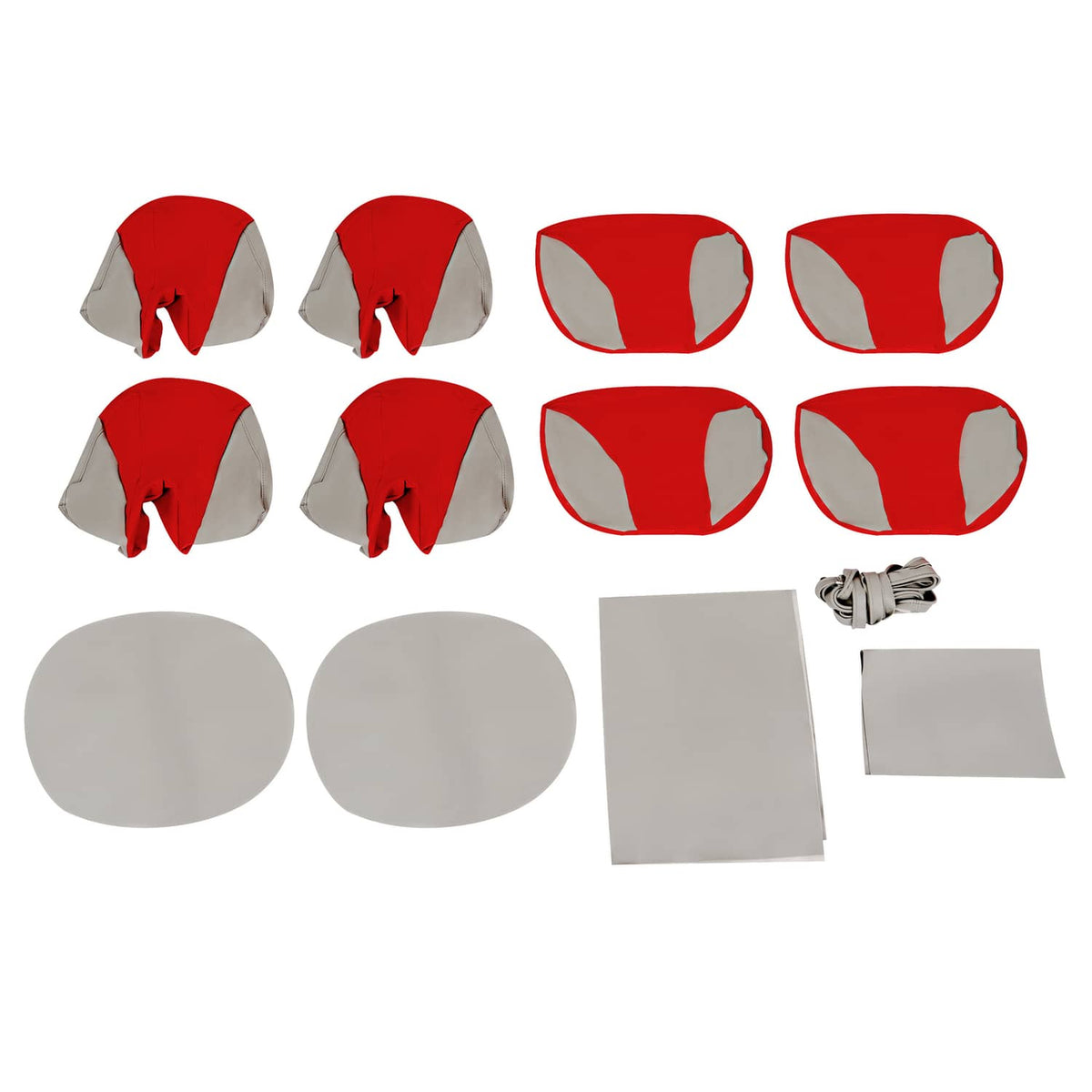 Seat cover kit pieces: red headrest pads, gray round panels, and flat trim pieces