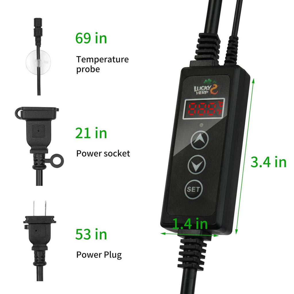 Black reptile dimming thermostat controller with LCD screen and temperature probe cable