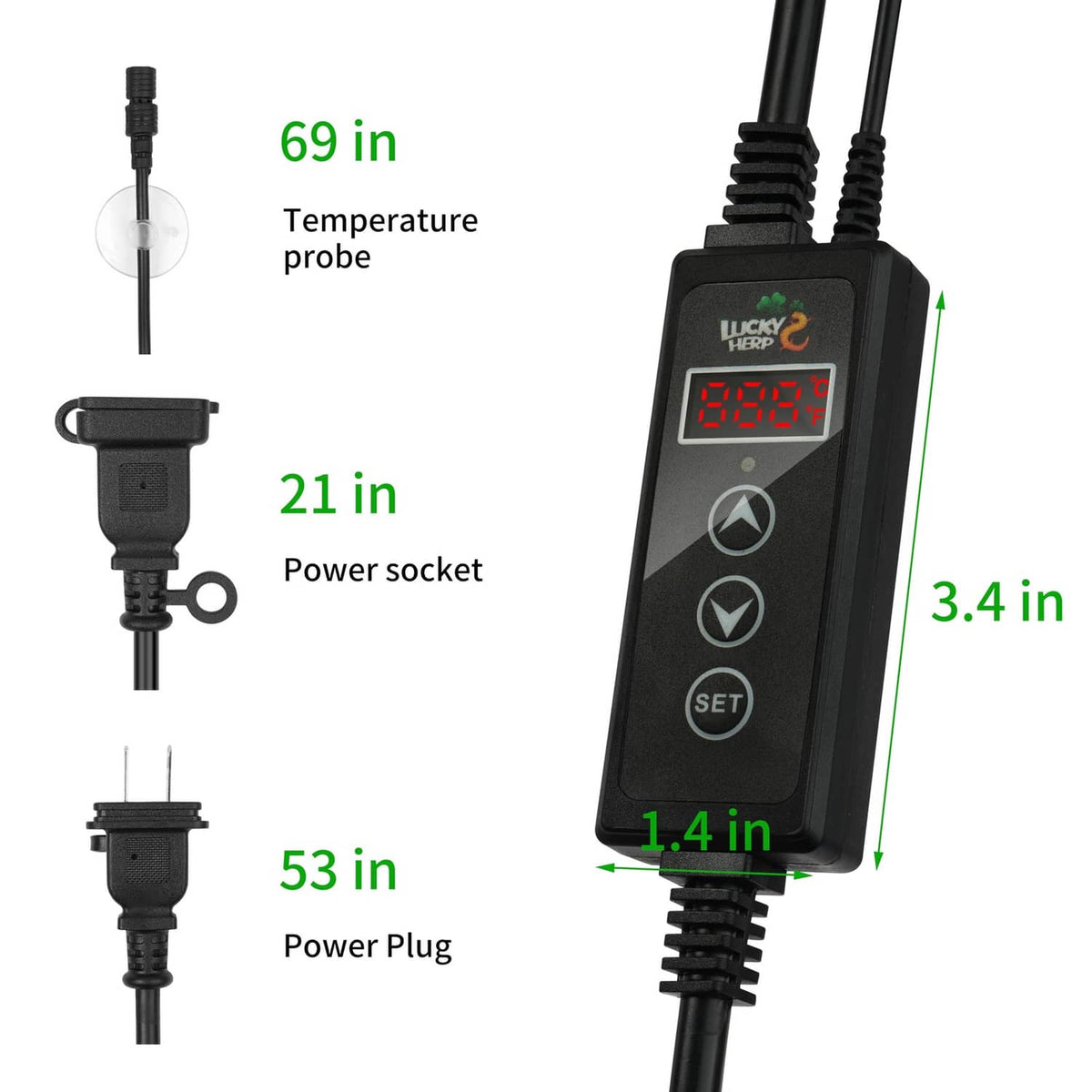 Black reptile dimming thermostat controller with LCD screen and temperature probe cable