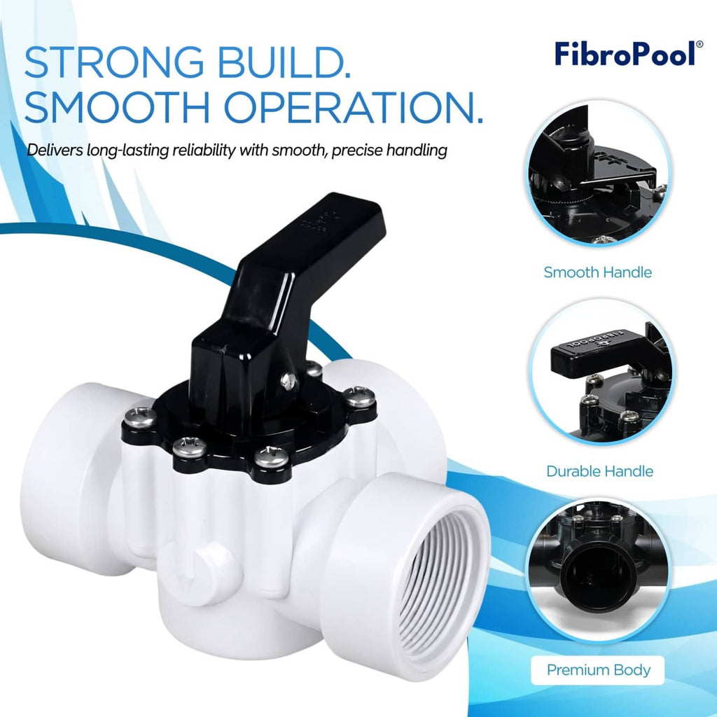 Pool diverter valve with smooth black handle and white CPVC body, threaded connection