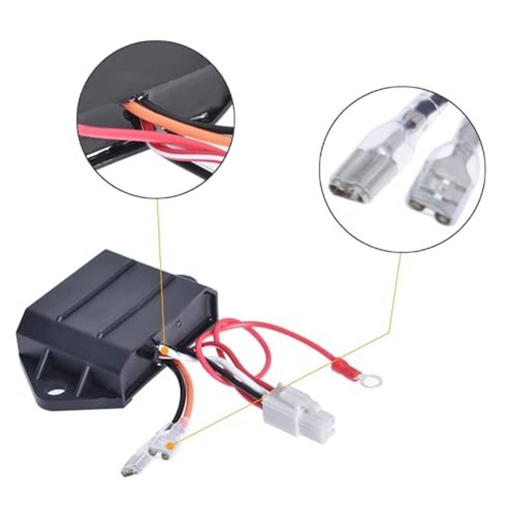 Black CDI ignitor module with red and black leads and visible terminal clip fittings