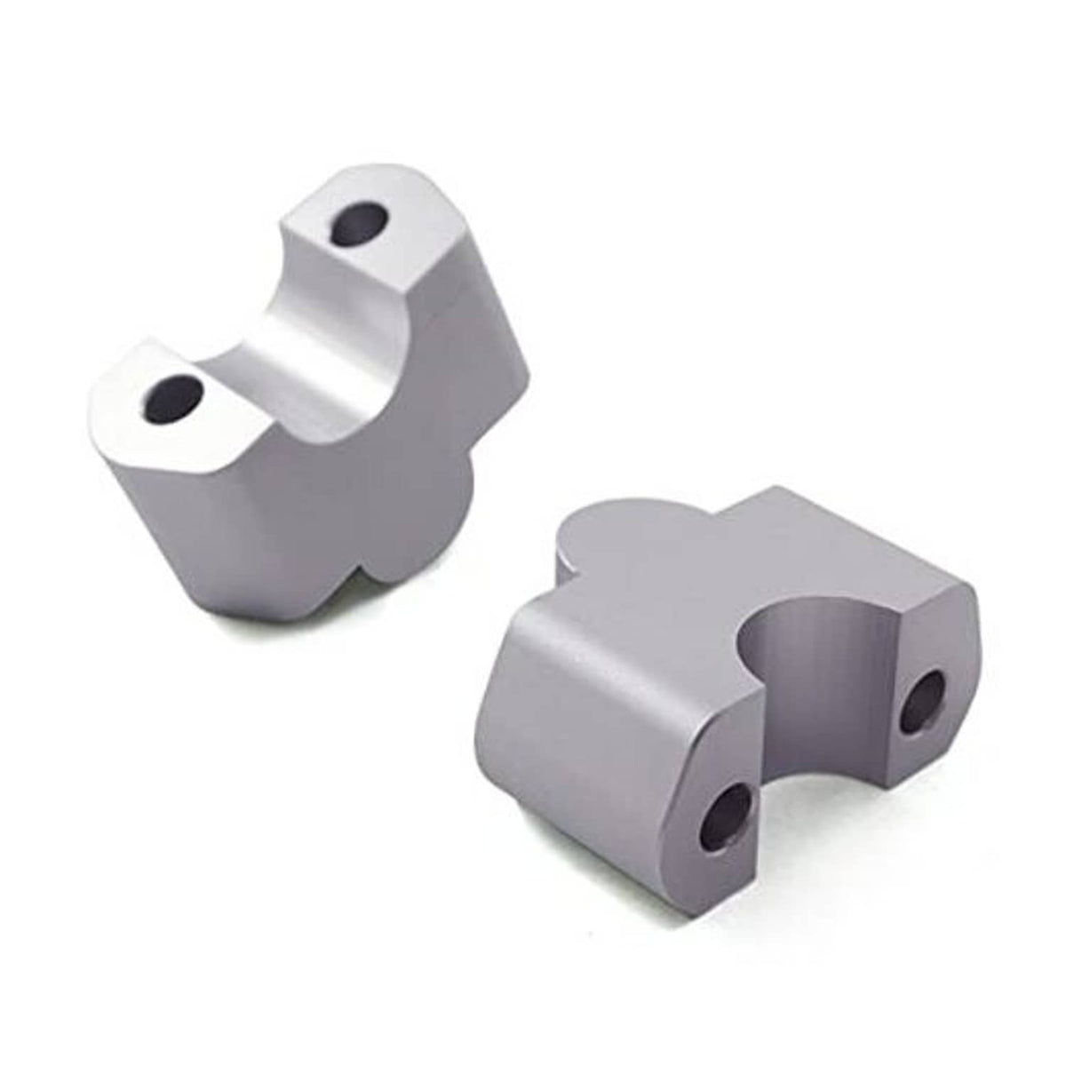 Silver CNC aluminum handlebar riser pair with mounting holes, replacement bracket set