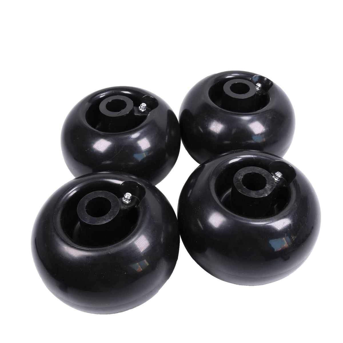 Set of 4 black deck wheels with center metal hub and mounting bolts