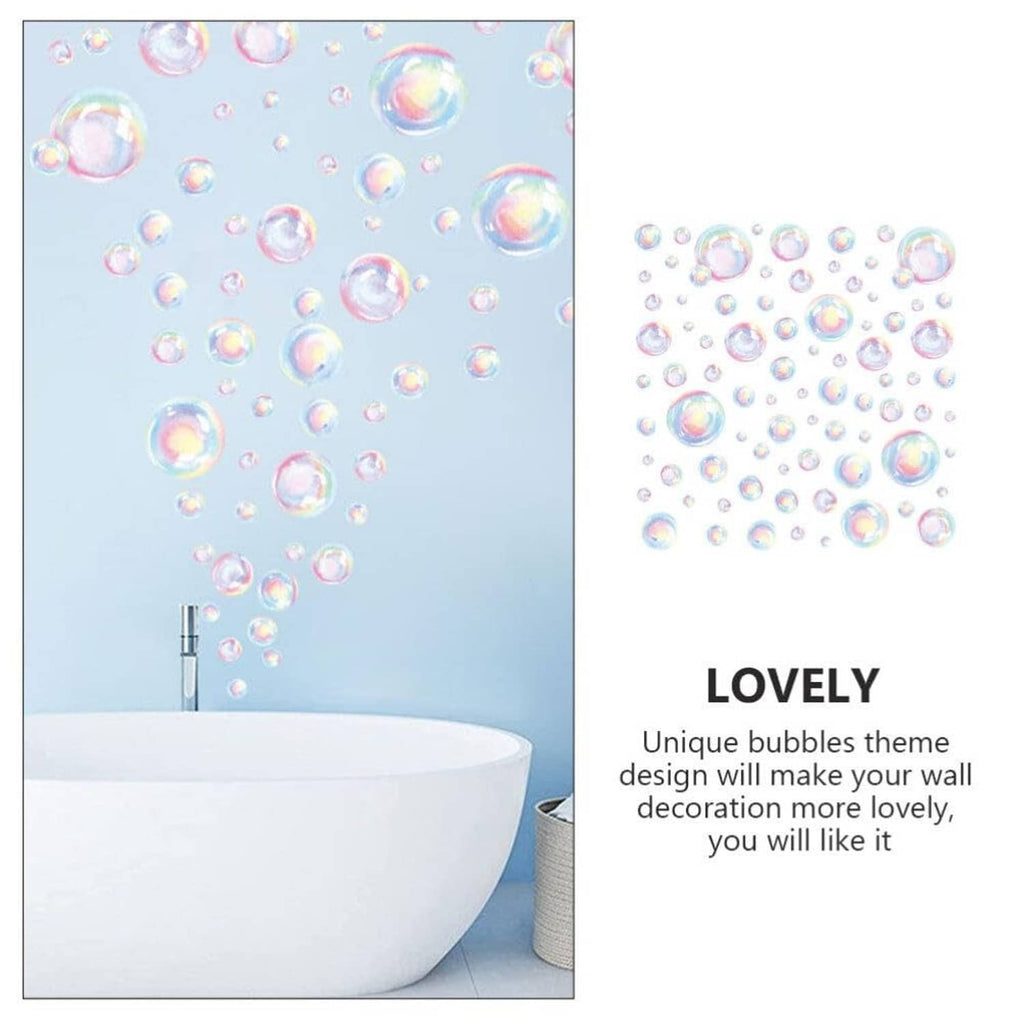 Rainbow bubble wall decals with iridescent bubbles around a bathtub wall corner