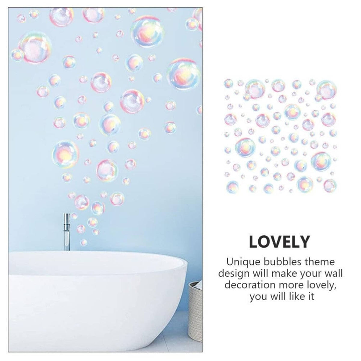 Rainbow bubble wall decals with iridescent bubbles around a bathtub wall corner