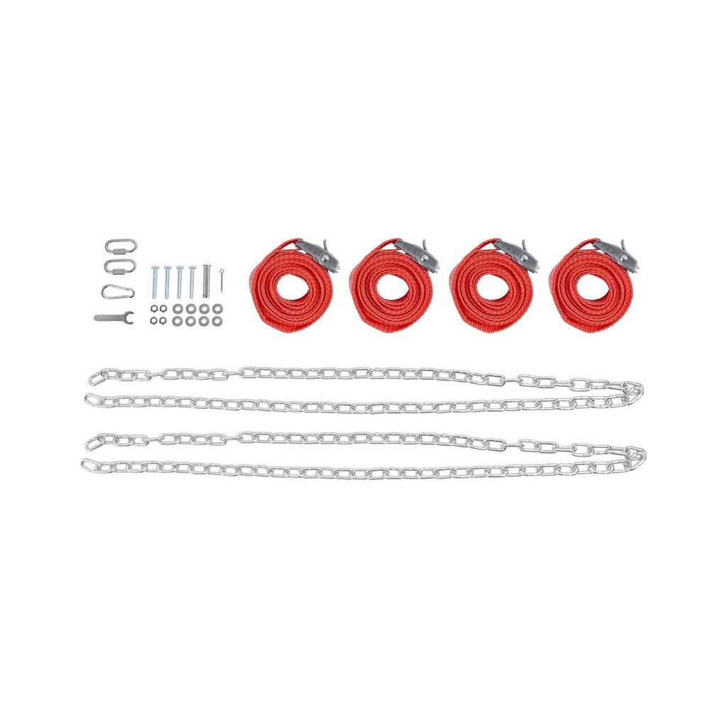 Drag harrow kit contents: silver chains, red straps, and black hardware pieces