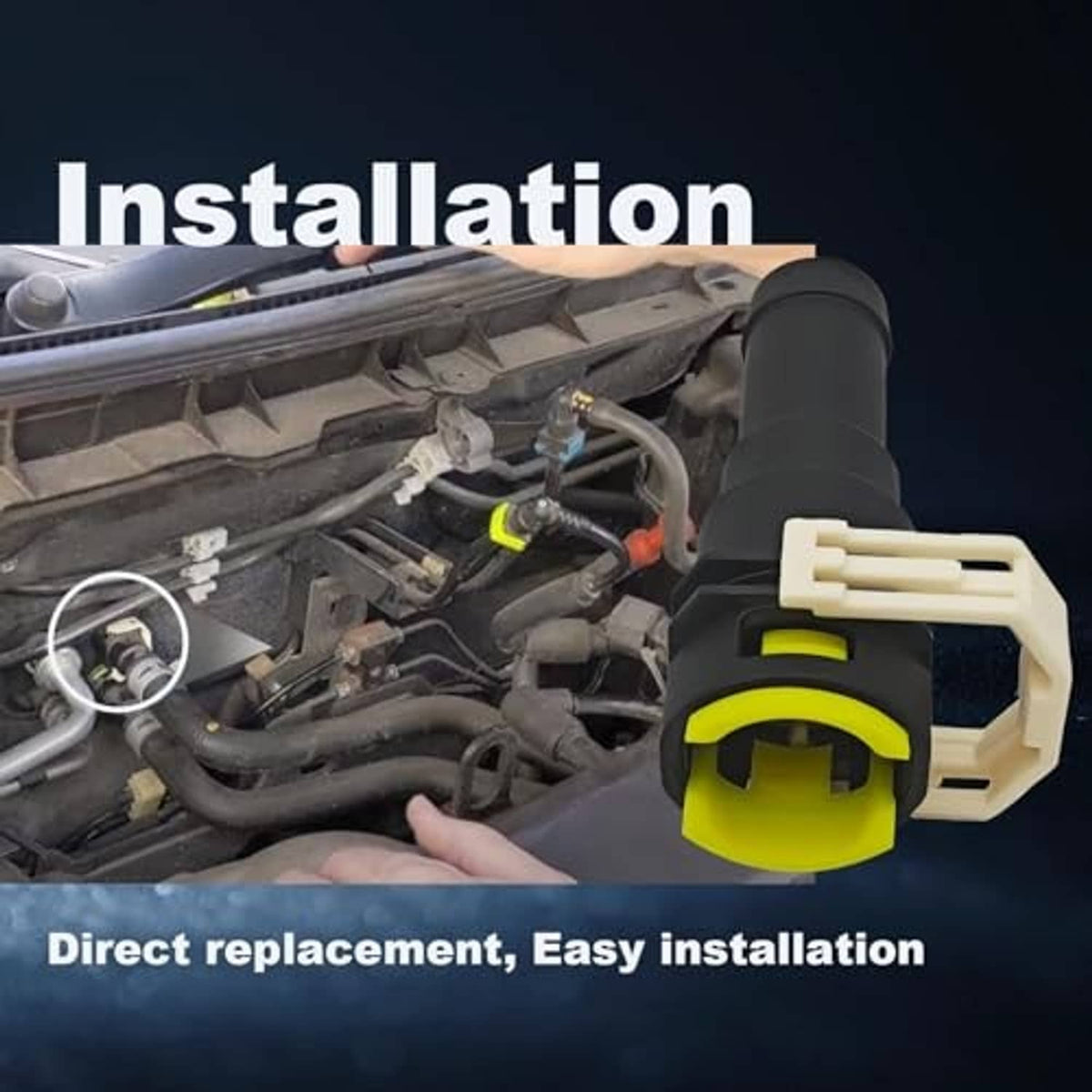Heater hose connector shown in engine bay; black body with lime seal and plug