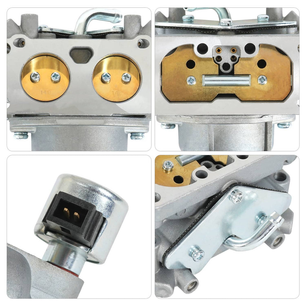 Carburetor close-up with two gold plates and black electrical connector