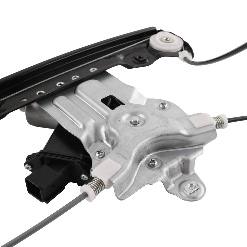 Power window regulator with motor, silver metal housing with black mounting bracket