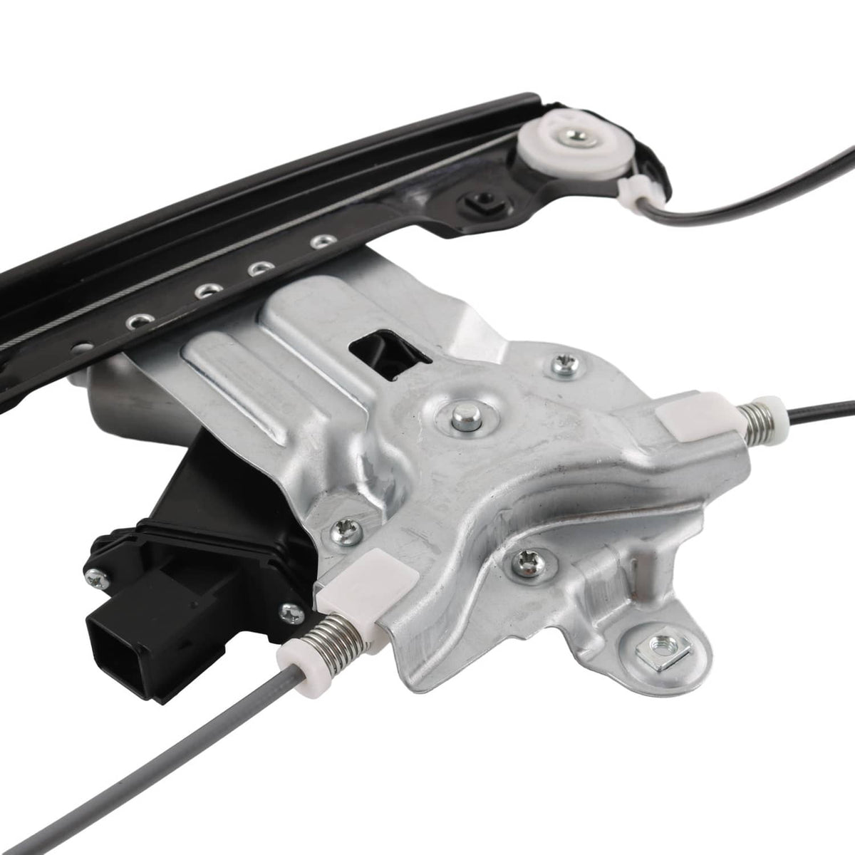 Power window regulator with motor, silver metal housing with black mounting bracket