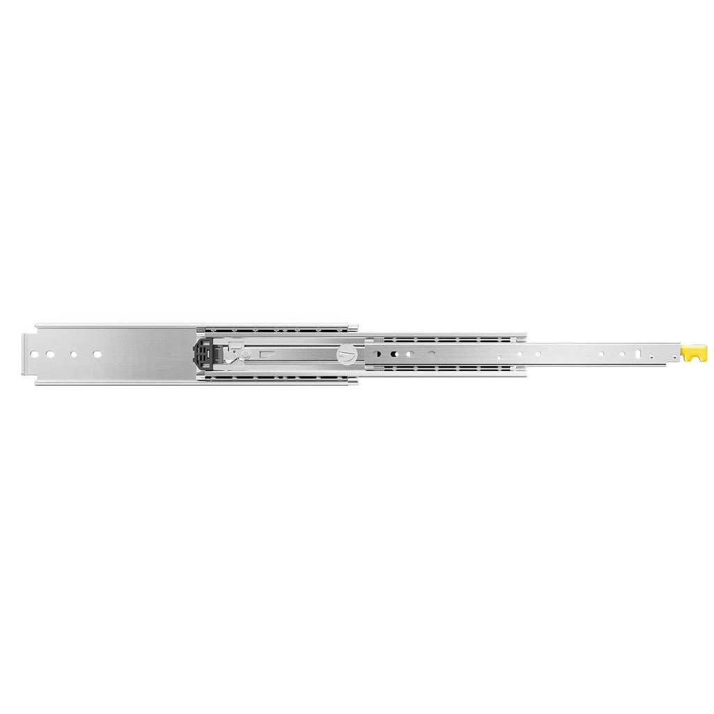 Silver full-extension drawer slide with yellow release latch on the mounting rail
