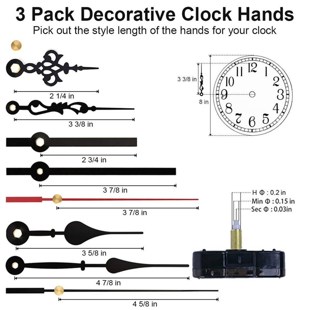 3-pack decorative clock hands set with assorted lengths in black and gold