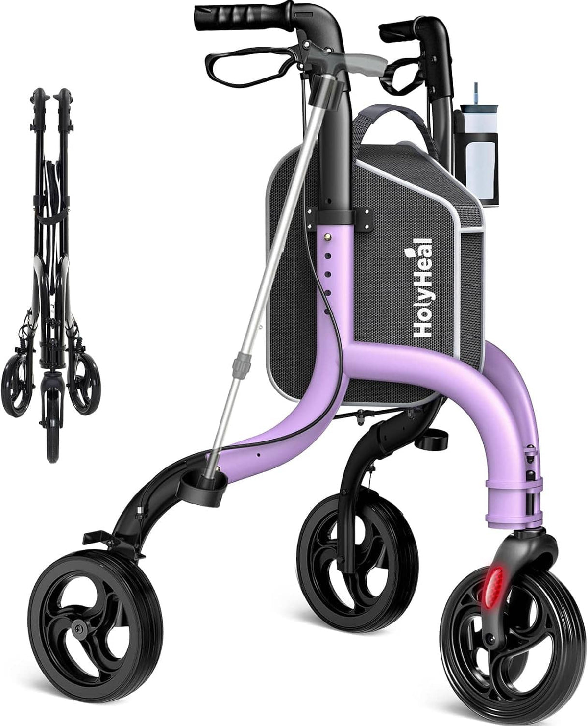 3-wheel rollator walker with purple frame, black seat, and front swivel wheels