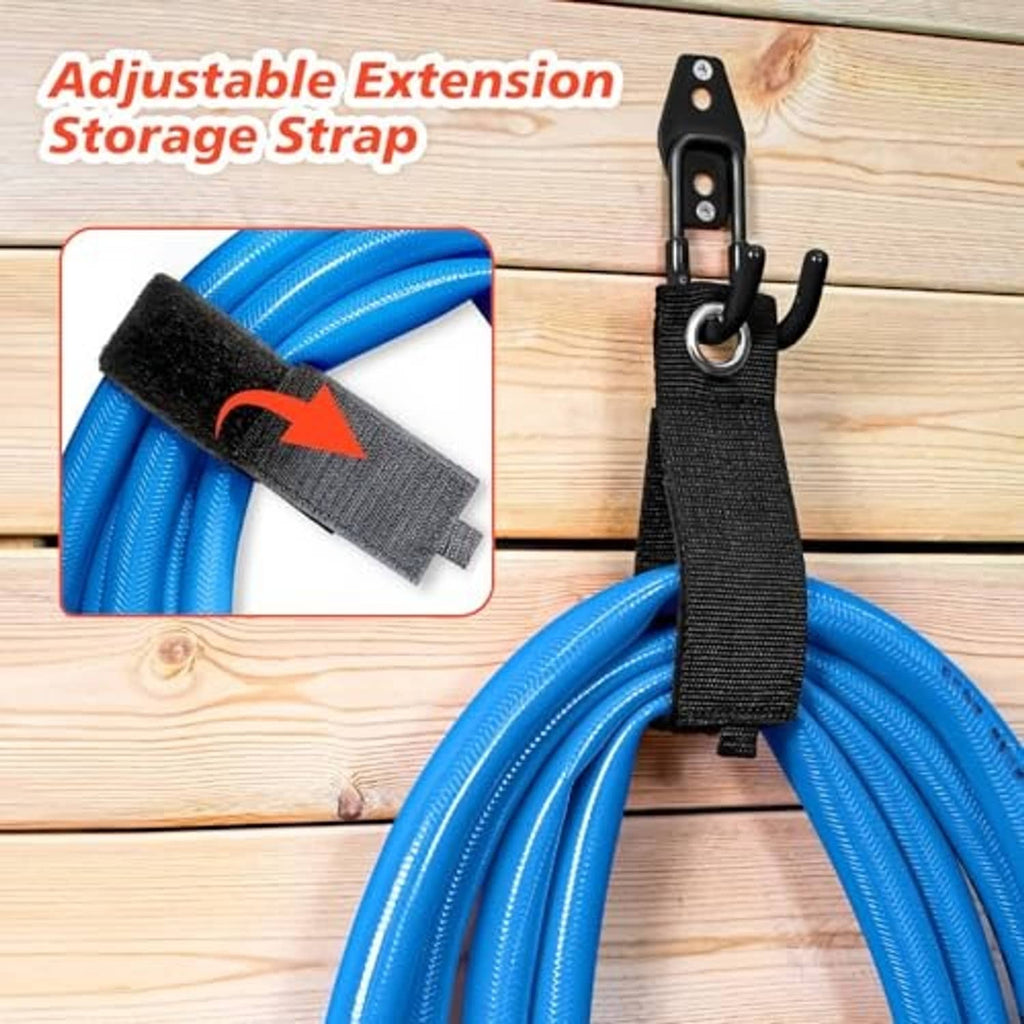 Black adjustable extension storage strap for bundling coiled hoses on garage hooks