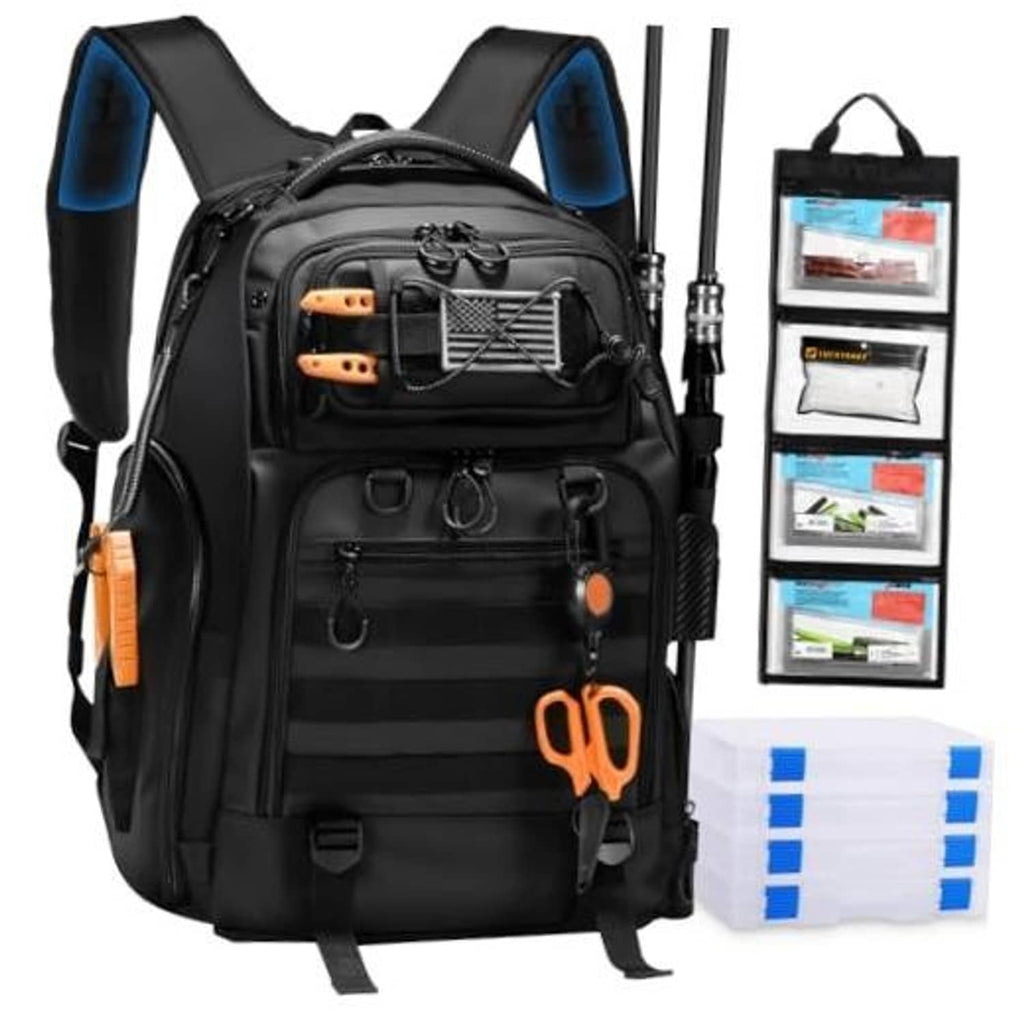 Black fishing tackle backpack with orange zipper pulls and front organizer pockets.