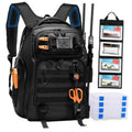 Black fishing tackle backpack with orange zipper pulls and front organizer pockets.