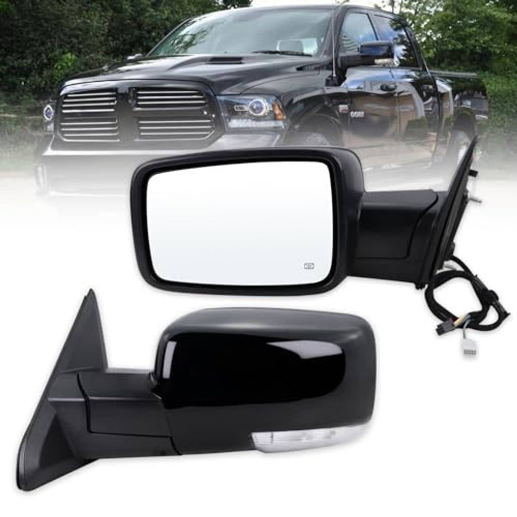 Black left driver-side mirror assembly with clear lens, power housing, and cable connection