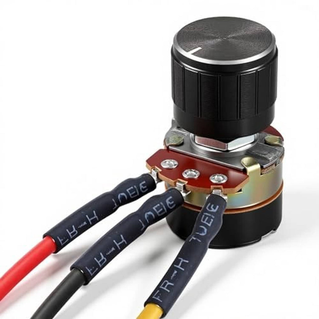 Black knurled potentiometer with red and black wire leads and metal mounting base