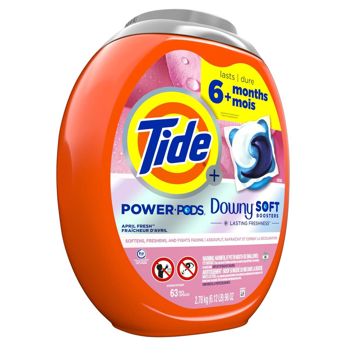 Orange Tide+Downy detergent pods container back label with usage icons
