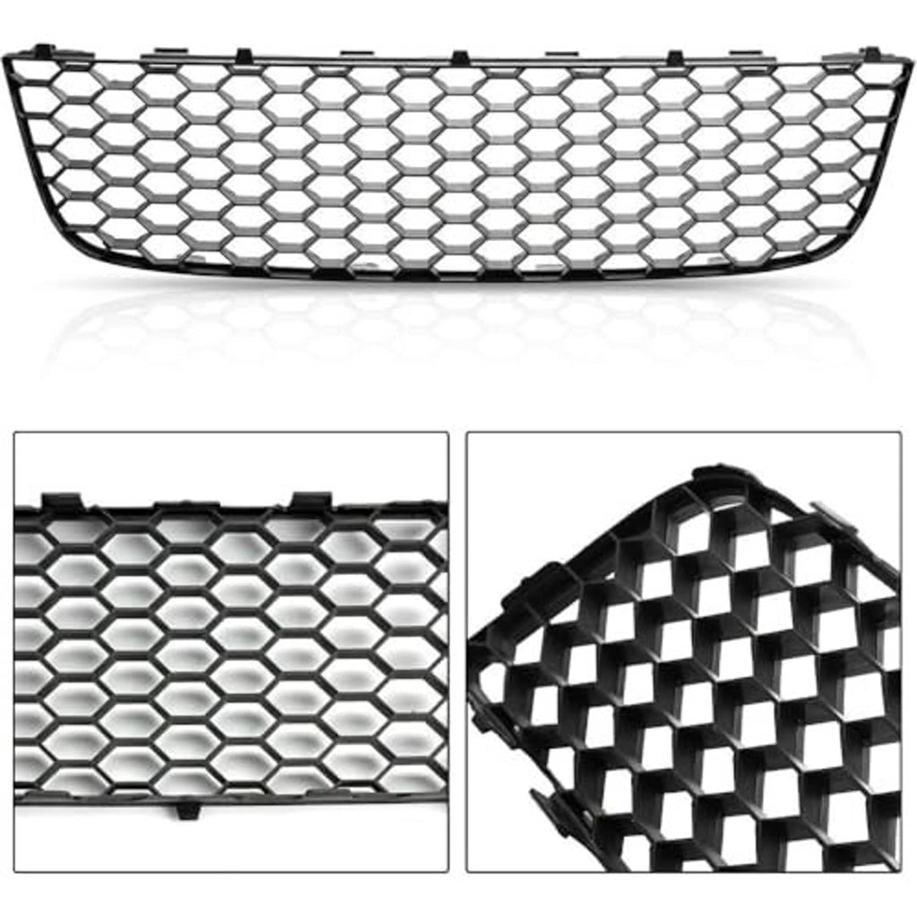 Black honeycomb mesh front lower grille, front and back detail with mounting clips