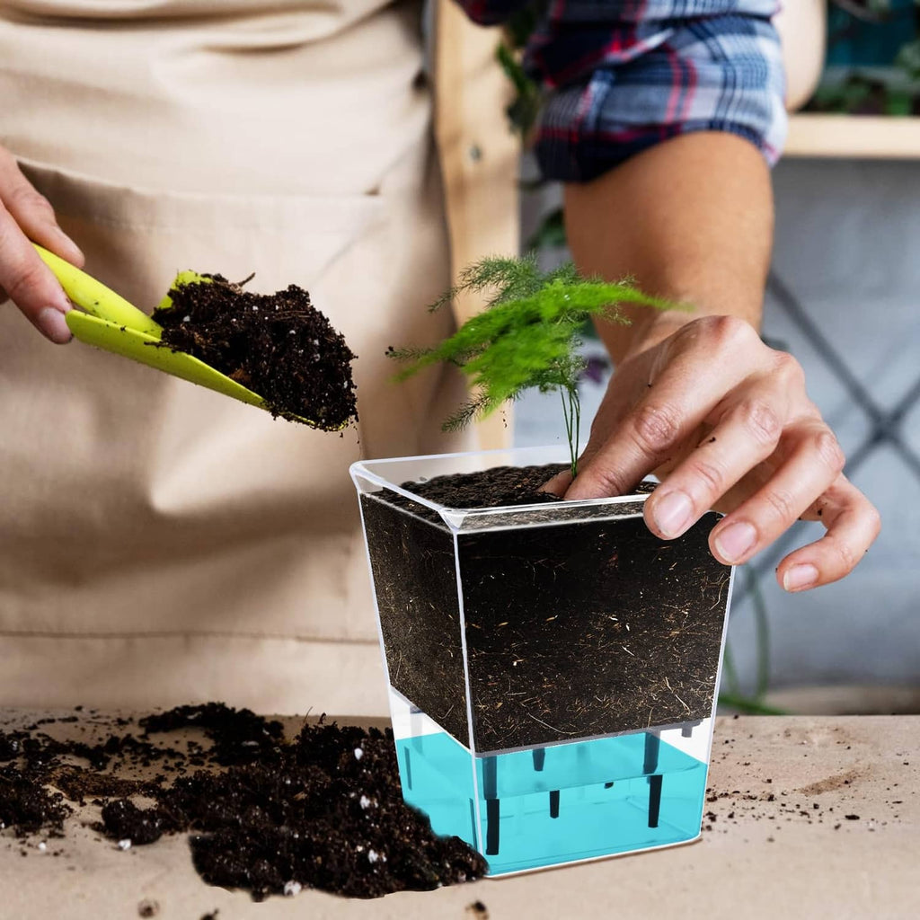 Hands placing soil into a clear self-watering plant pot with blue water base
