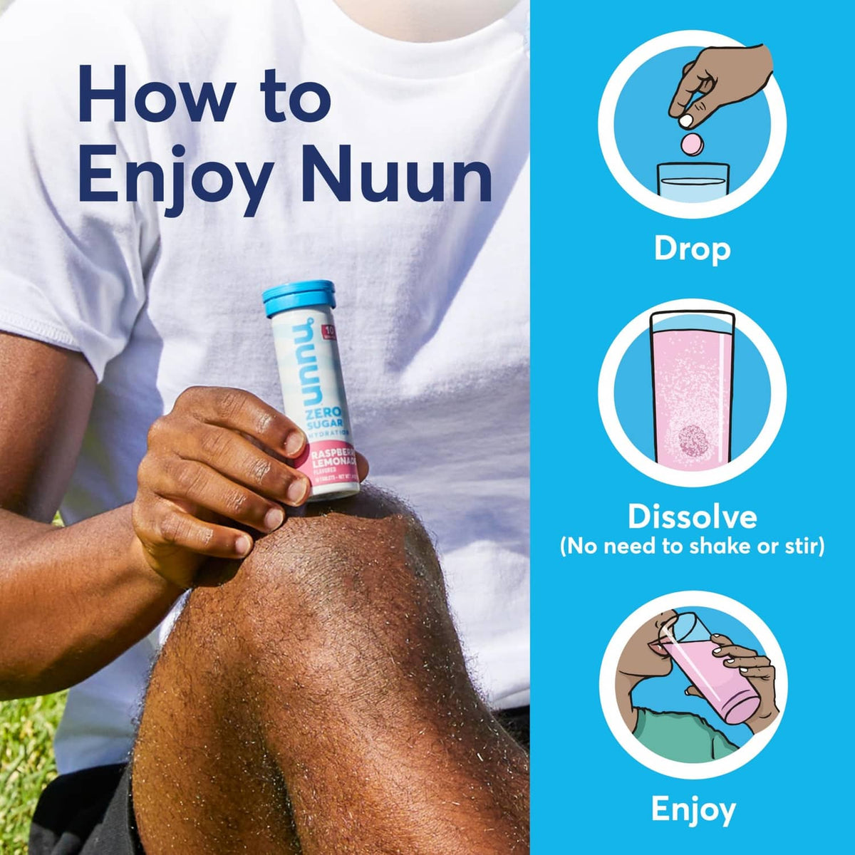 Nuun immunity hydration bottle in hand with instructions to drop, dissolve, and enjoy